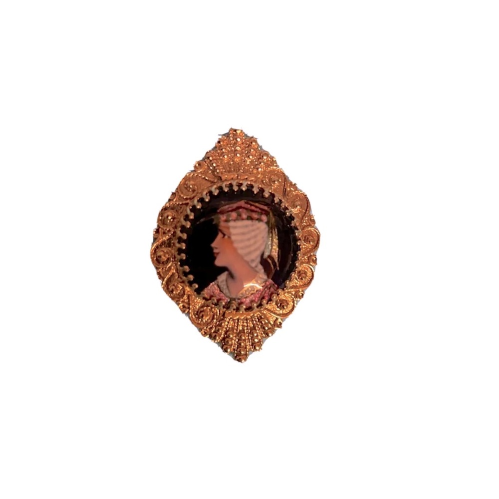 Vintage France 14k Yellow Gold Enamel Hand Painted Cameo Pendant Pin Brooch